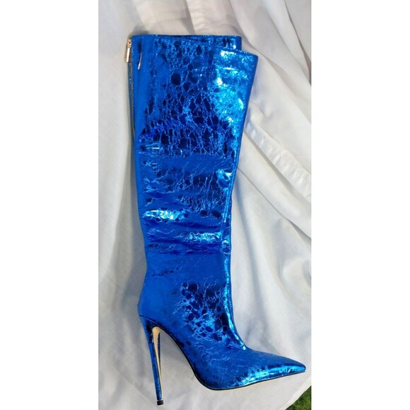 Metallic Blue Mirror Boots Over-the-knee High Heel Boots with Back Zipper 38 7.5 - Picture 1 of 10